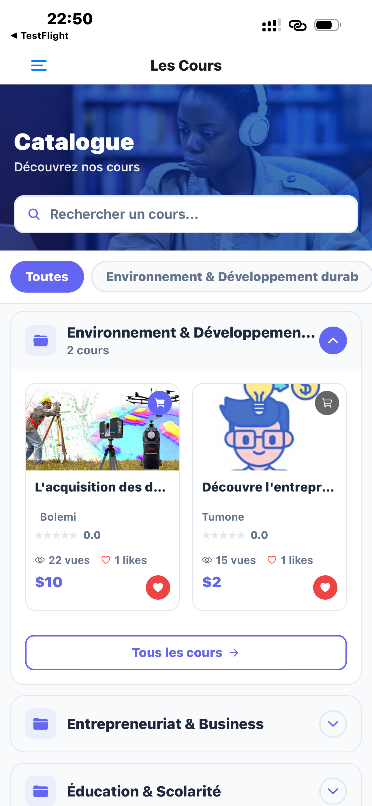 Capture d’écran Un+ — Catalogue
