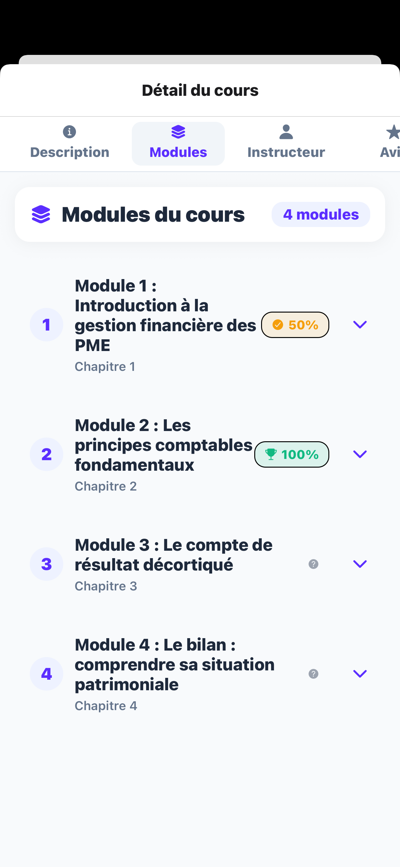 Capture d’écran Un+ — Apprentissage